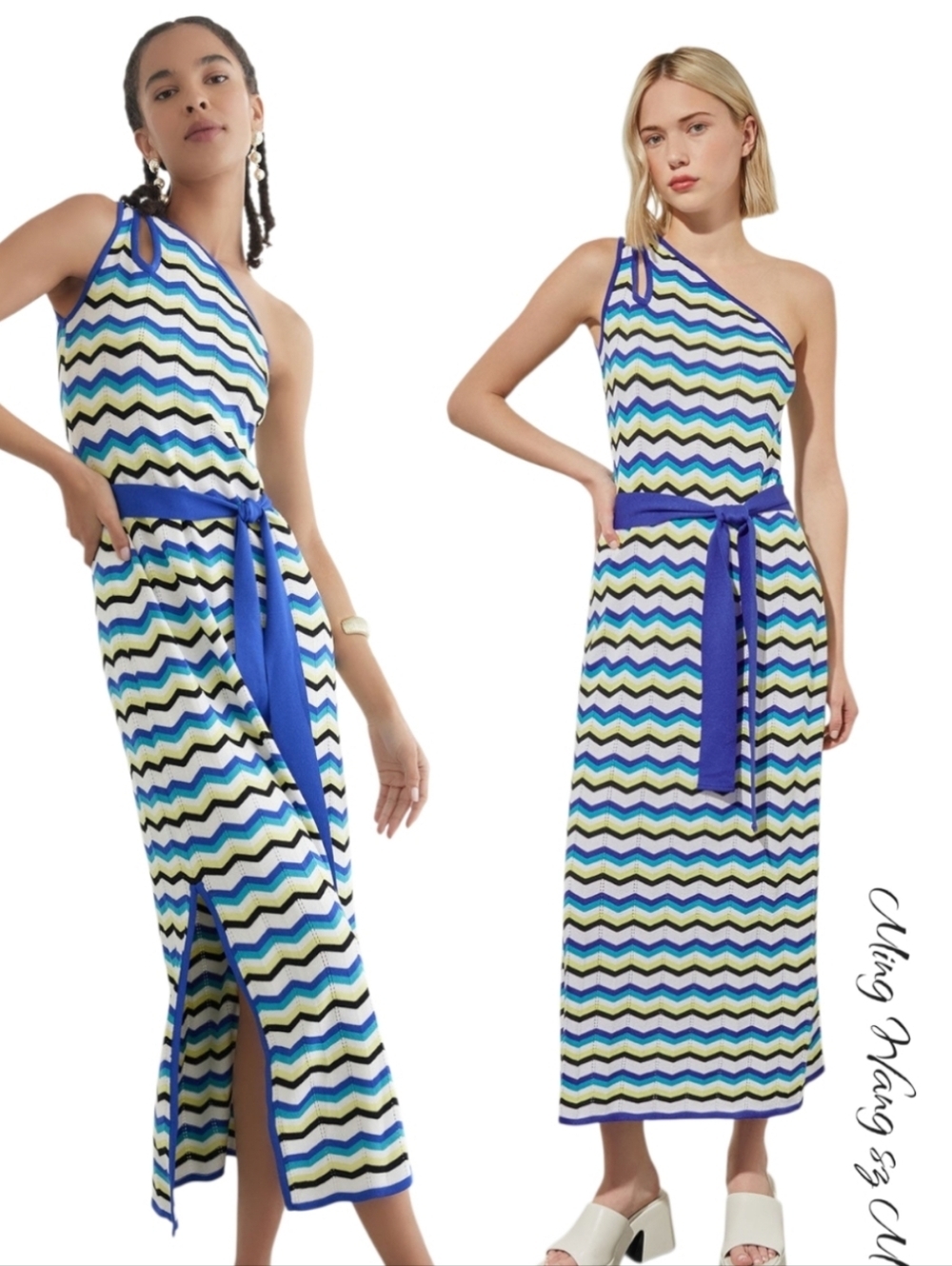Ming Wang One-Shoulder Chevron Column Maxi Dress Striped Soft Knit Belted M NWT